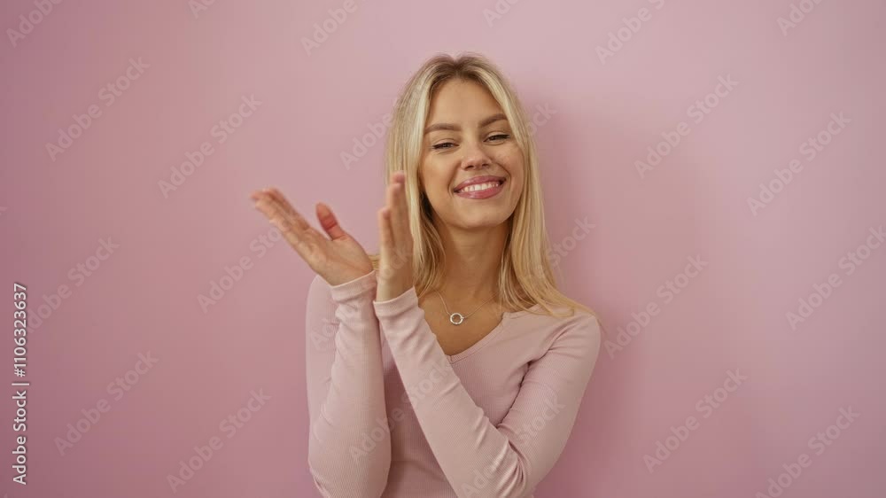 Woman clapping hands smiling against an isolated pink background looking happy and attractive in casual attire Woman clapping hands smiling against an isolated pink background looking happy and attractive in casual attire