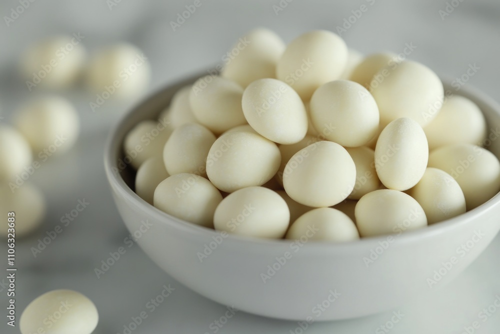 A bowl filled with creamy white chocolate balls A bowl filled with creamy white chocolate balls