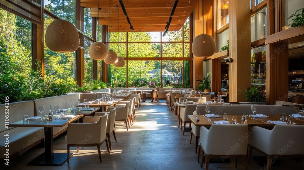 Sunlit restaurant interior with modern design, wooden accents, and lush greenery views. Sunlit restaurant interior with modern design, wooden accents, and lush greenery views.