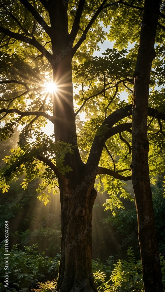 Fototapeta premium Majestic tree with sunlight filtering through foliage.