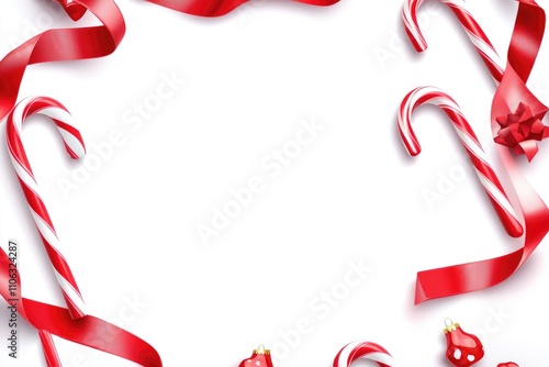 White background with red ribbons and candy canes, perfect for holiday or winter themed designs photo