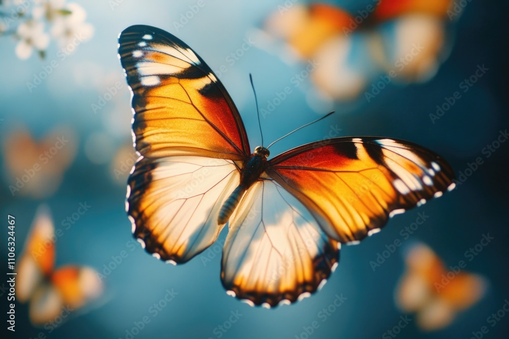 Fototapeta premium A close-up shot of a butterfly sitting on a flower, its delicate wings spread wide