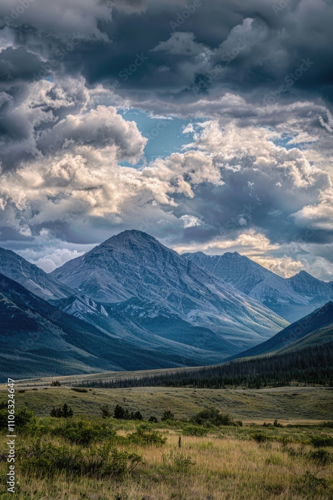 Fototapeta premium A horse grazes in a green field with mountains visible in the distance