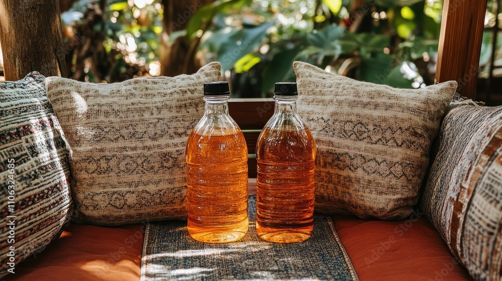 Two amber liquid bottles on cushions. Two amber liquid bottles on cushions.