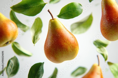 A surreal scene featuring a group of pears suspended in mid-air, defying gravity photo