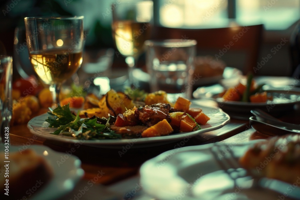 Table setting with various dishes and glasses of wine Table setting with various dishes and glasses of wine