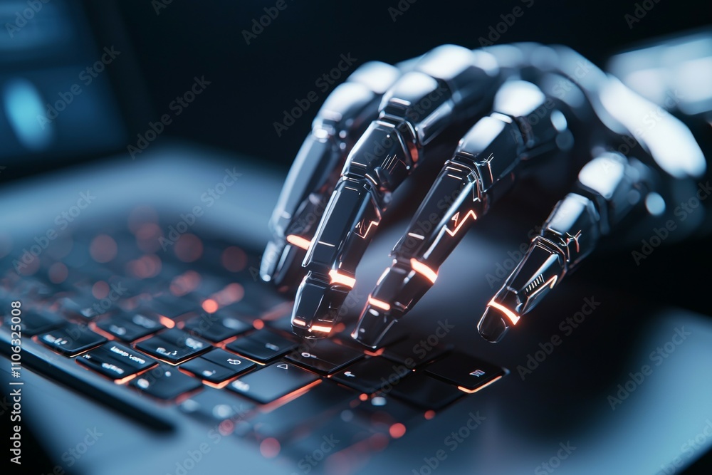 Robotic hand typing on keyboard illuminated in blue light Robotic hand typing on keyboard illuminated in blue light