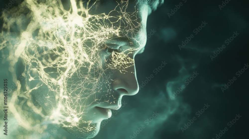 Hombre con efectos de luz y conexiones neuronales Hombre con efectos de luz y conexiones neuronales