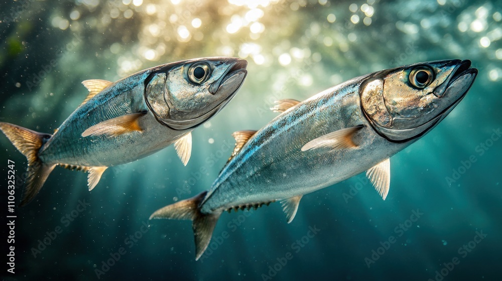 Fototapeta premium Two fish swimming underwater in sunlight.
