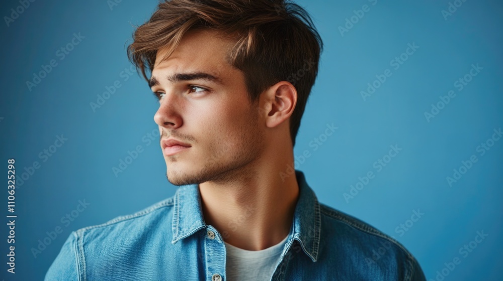 A person gazing away from the camera, wearing a denim shirt A person gazing away from the camera, wearing a denim shirt