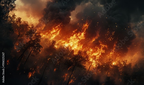 Intense flames engulfing a forest with thick black smoke rising