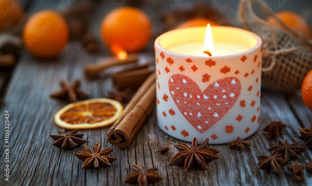Heart-patterned candle lit on a rustic wooden surface, surrounded by star anise, dried orange slices, and cinnamon sticks, creating a cozy and festive atmosphere