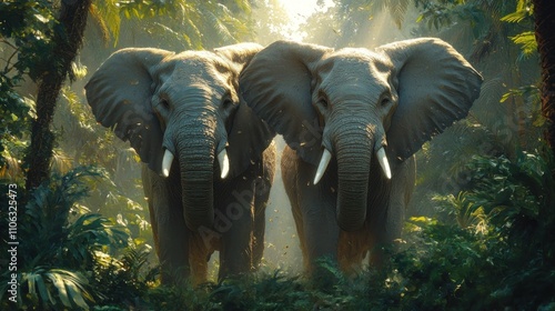 Two majestic elephants stand in a lush jungle, sunlight filtering through the leaves. photo