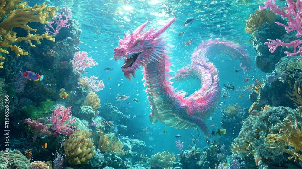 Majestic 3D Render of a Colorful Dragon Swimming in Vibrant Underwater World with Tropical Fish and Coral Reefs - Ultra-Detailed Illustration Majestic 3D Render of a Colorful Dragon Swimming in Vibrant Underwater World with Tropical Fish and Coral Reefs - Ultra-Detailed Illustration