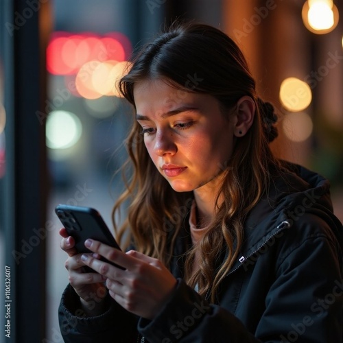 Stunning high resolution photos of a sad teenage girl alone spending her free time with a smartphone who has no real friends
