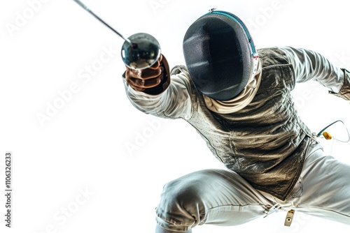 A fencer in a defensive stance holding a sword, ready for battle photo