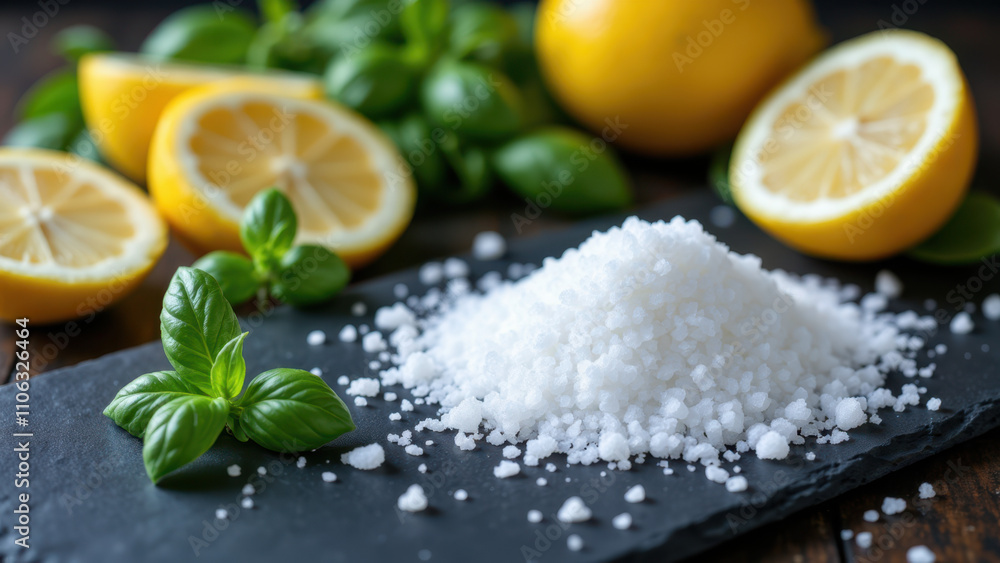 Flaked Celtic sea salt with citrus zest and fresh herbs on a slate. Flaked Celtic sea salt with citrus zest and fresh herbs on a slate.