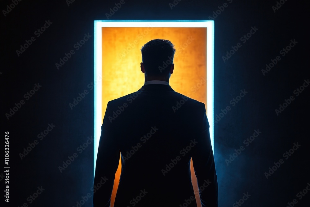 A man in a business suit stands at the entrance of a room, with the door open and inviting A man in a business suit stands at the entrance of a room, with the door open and inviting
