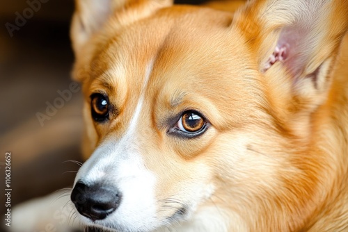 A close-up shot of a dog's face, with a blurred background