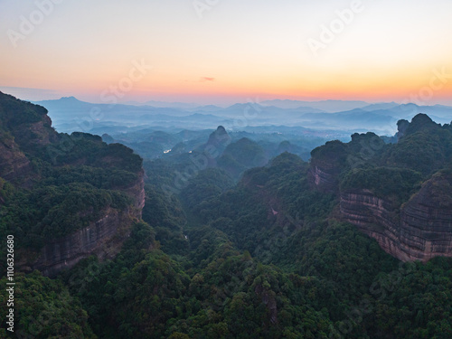 Beautiful sunrise at Changlao Peak of Danxia Mountain in Shaoguan, Guangdong