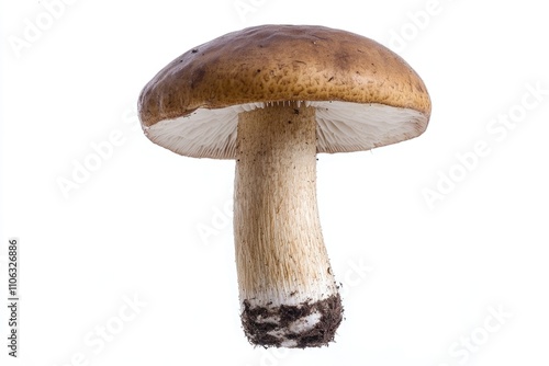 A single mushroom sits on a white surface against a white background, ideal for use in still life photography, packaging design or as a graphic element photo