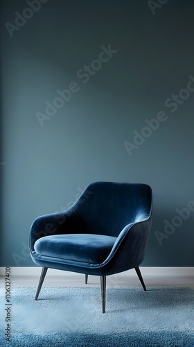 Minimalist plain blue wall with a dark blue velvet chair and rug