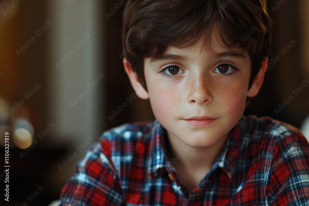A young child wearing a colorful plaid shirt, suitable for family or kid-related projects A young child wearing a colorful plaid shirt, suitable for family or kid-related projects