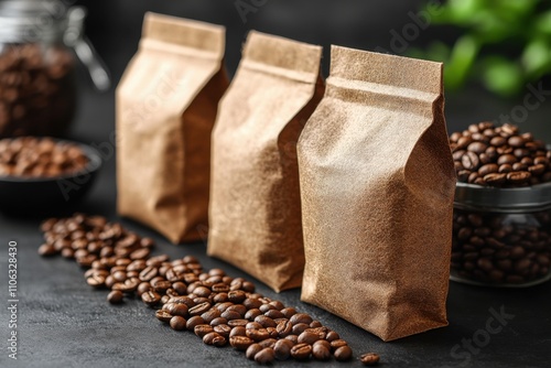 An artistic arrangement of coffee beans and packaging with a soft blurred background. Perfect for coffee shop branding. Banner with space for text photo