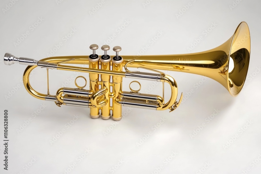 Obraz premium A gold trumpet placed on a clean white surface, perfect for decorative or musical themes