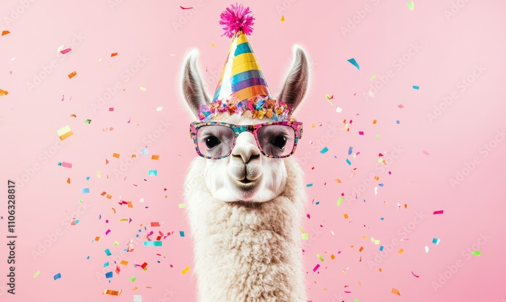 Fototapeta premium Llama in a colorful party hat and sunglasses with confetti on a pink background. Fun, quirky celebration with a humorous twist.