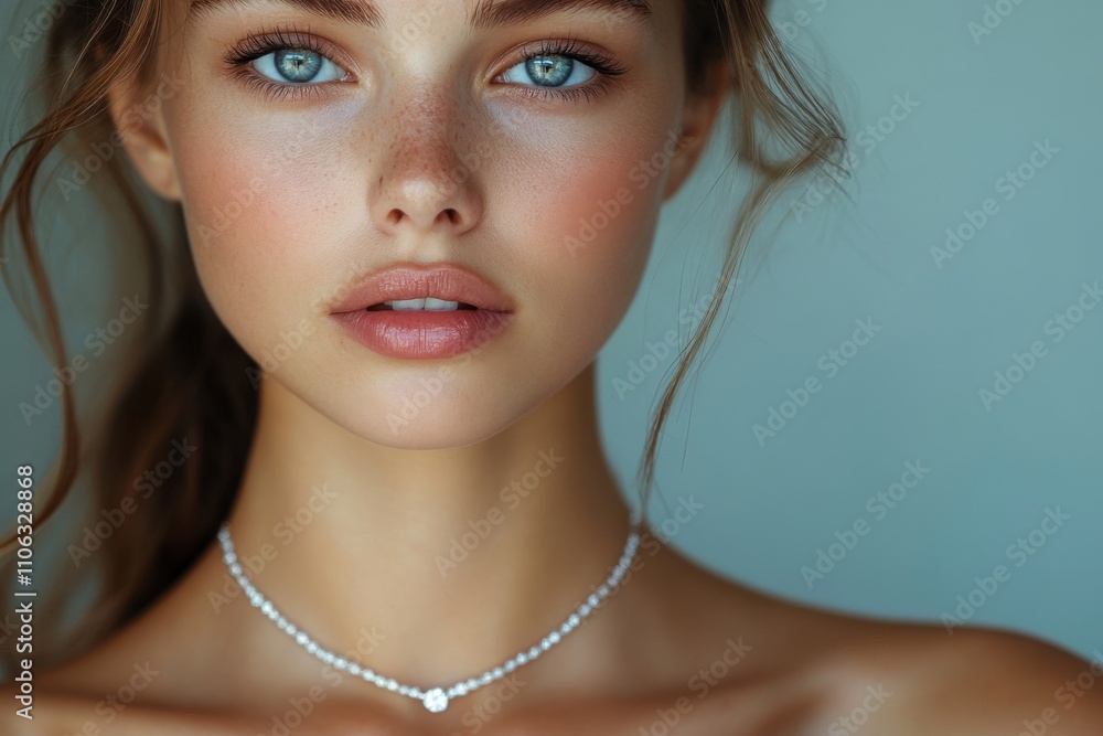 A beautiful young woman wearing a diamond pendant necklace. Elegant jewelry for a sophisticated look. Banner with space for text A beautiful young woman wearing a diamond pendant necklace. Elegant jewelry for a sophisticated look. Banner with space for text