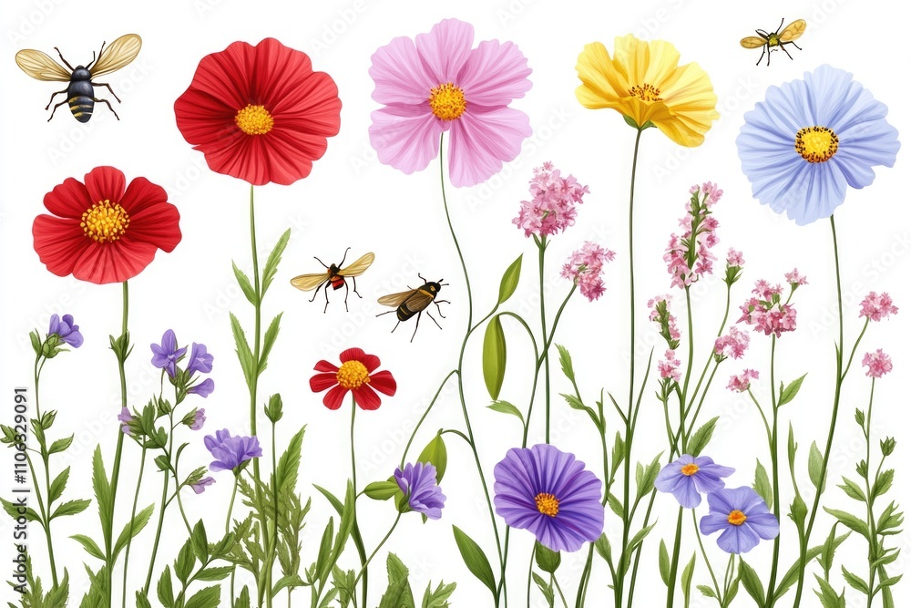 A bouquet of colorful flowers surrounded by a busy bee, on a clean white background A bouquet of colorful flowers surrounded by a busy bee, on a clean white background