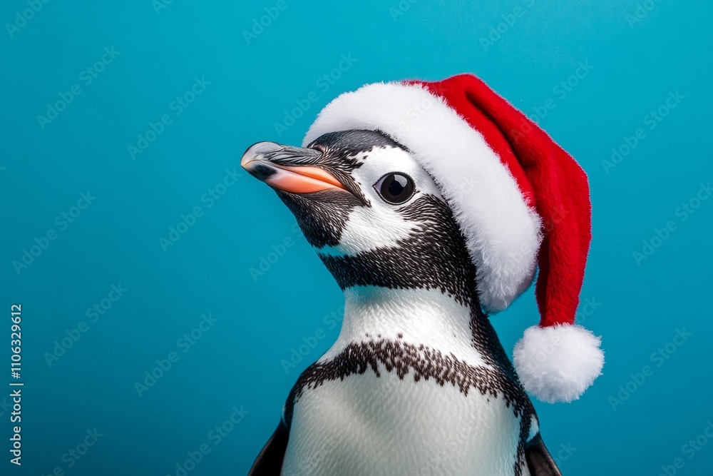 Naklejka premium A penguin sports a cheerful red Santa hat, adding a festive touch to its appearance. The vibrant blue background highlights the playful spirit of the holiday season. With copy space for text