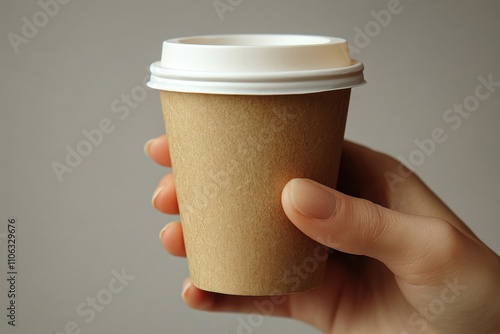 A close-up of a paper coffee cup held by a hand. Minimalistic design for a cozy and modern coffeehouse concept. Banner with space for text. photo