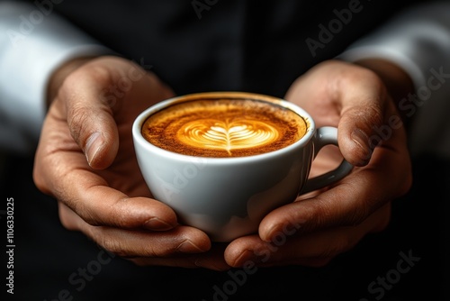 A barista holding a steaming cup of coffee, radiating warmth and hospitality. A perfect depiction of coffee shop vibes. Banner with space for text photo