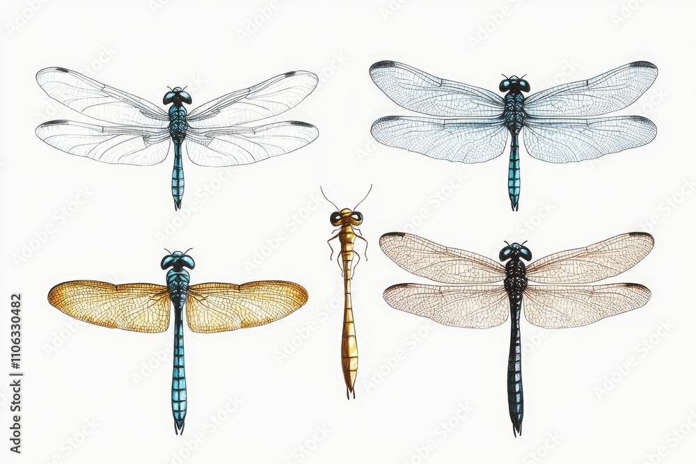 A group of dragonflies sit next to each other on a leaf or branch, their iridescent wings glistening in the light A group of dragonflies sit next to each other on a leaf or branch, their iridescent wings glistening in the light