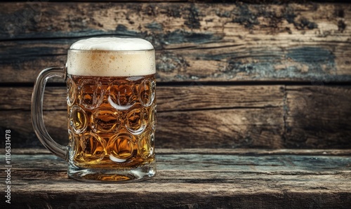 Traditional Beer Stein: A traditional beer stein filled with beer, placed on a rustic wooden table, emphasizing the cultural aspect of beer consumption photo