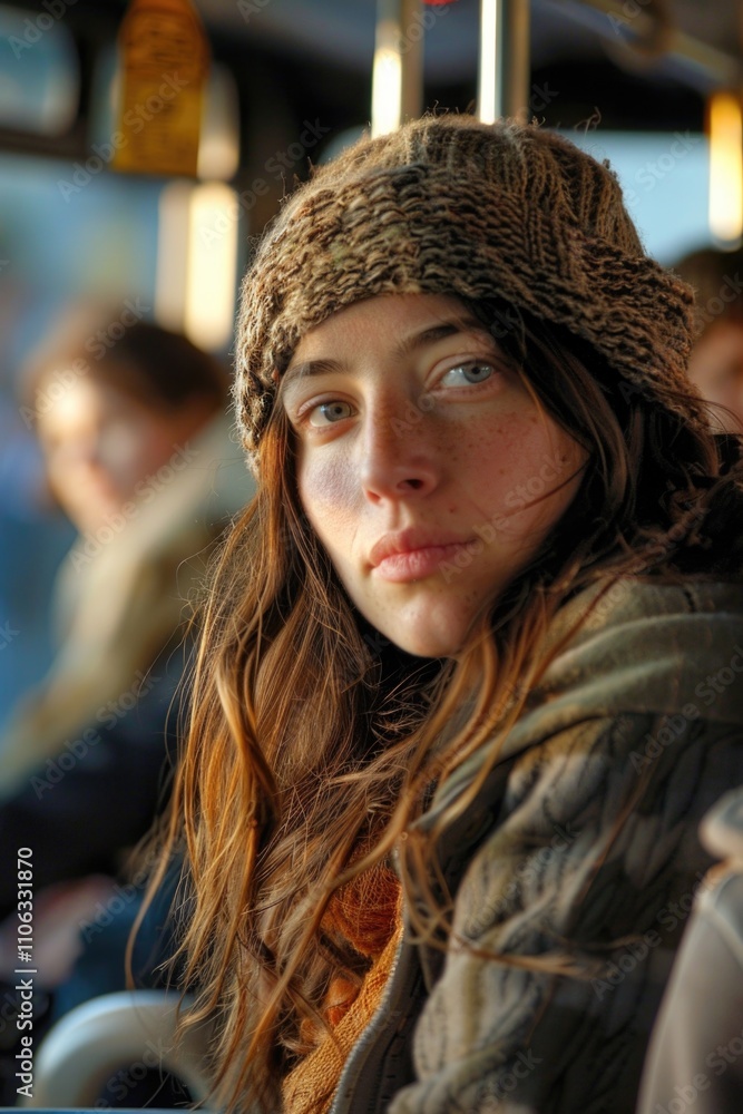 A woman riding a public transportation vehicle, sporting a cozy knitted hat A woman riding a public transportation vehicle, sporting a cozy knitted hat