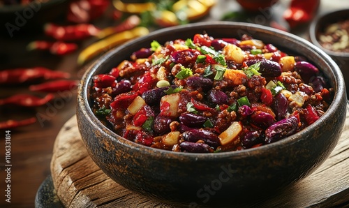 Photographic image of a bowl of chili standing on a table, khurufia, detailed product image, tsemongzheng, deep impasto, food photography, top view, copy space