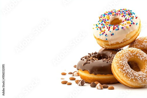 A delightful assortment of fresh, colorful donuts displaying various toppings such as sprinkles, chocolate, and powdered sugar. Perfect for indulgent treats or dessert lovers.