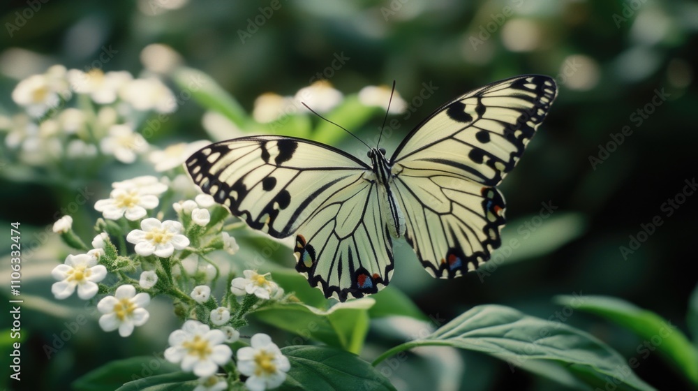 Naklejka premium A single black and white butterfly perched on a white flower