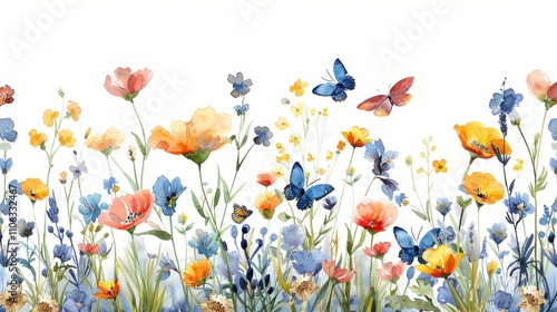 A beautiful field of watercolor wildflowers and butterflies, creating a border on a clean white background