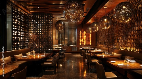 Luxurious restaurant interior with warm lighting, wooden tables, and intricate wall designs.
