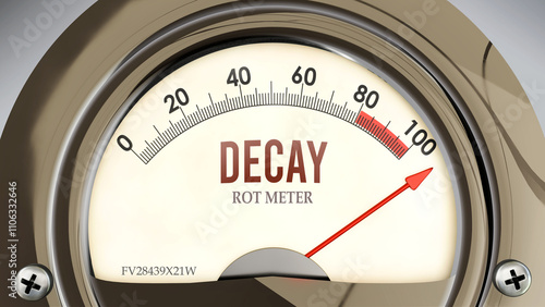 Decay and Rot Meter that is hitting a full scale, showing a very high level of decay, overload of it, too much of it. Maximum value, off the charts.  ,3d illustration photo