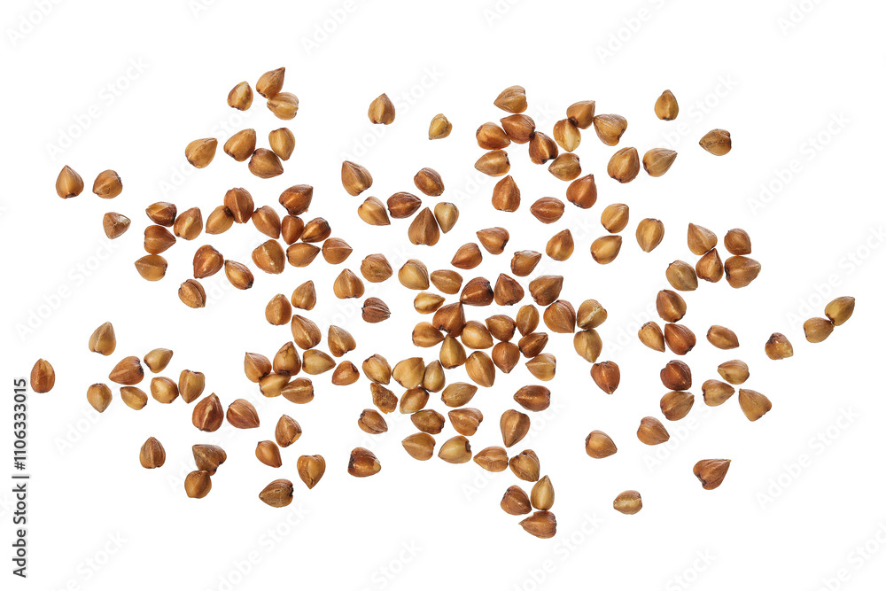 Raw buckwheat isolated on white background. Top view. Flat lay Raw buckwheat isolated on white background. Top view. Flat lay