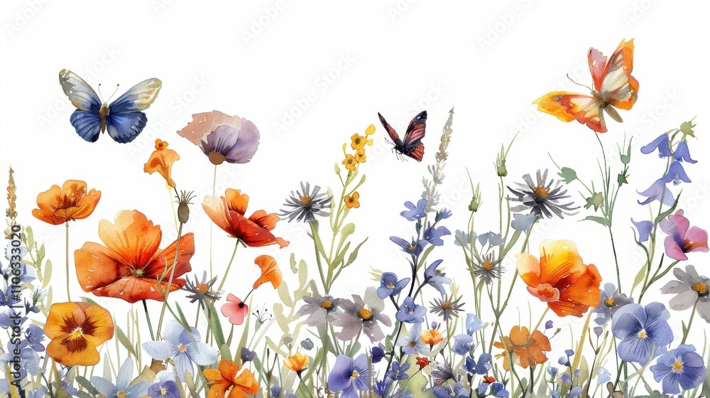 Fototapeta premium A beautiful field of watercolor wildflowers and butterflies, creating a border on a clean white background