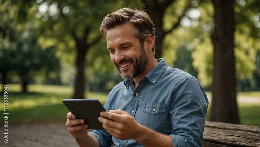 Man using a tablet outdoors, enjoying nature and technology.