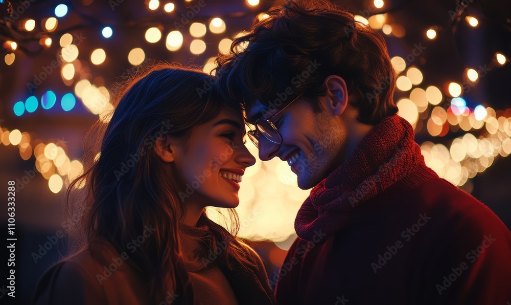 Romantic couple smiling and gazing at each other, standing under glowing festive lights Romantic couple smiling and gazing at each other, standing under glowing festive lights
