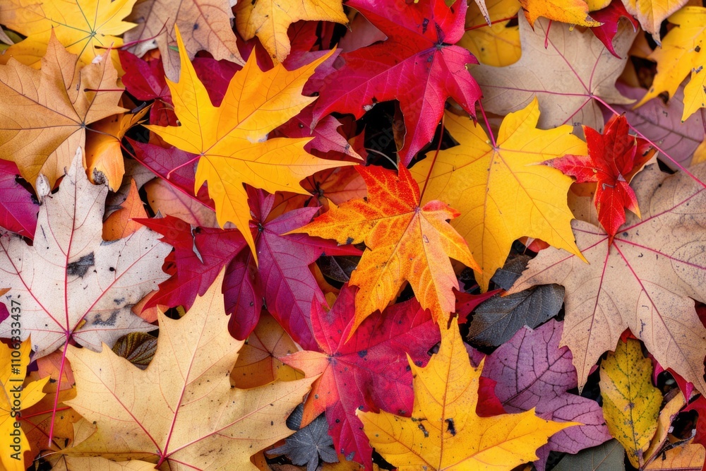 A pile of autumn leaves scattered on the grassy surface A pile of autumn leaves scattered on the grassy surface