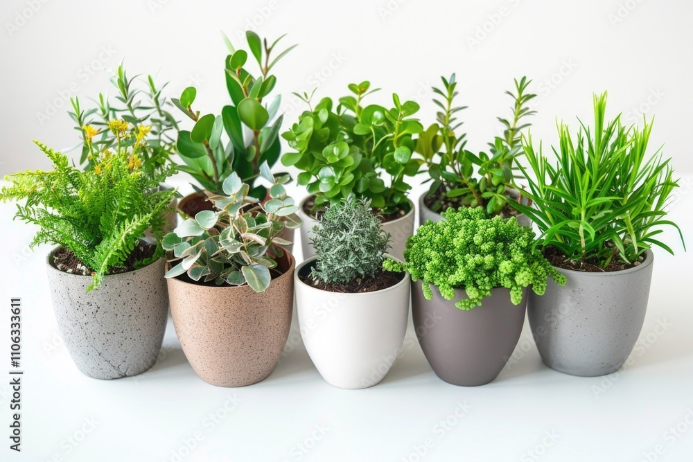 A collection of potted plants placed on a white surface for display or decoration A collection of potted plants placed on a white surface for display or decoration